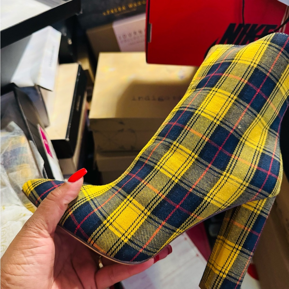 GoJane Yellow Plaid Heeled Boots